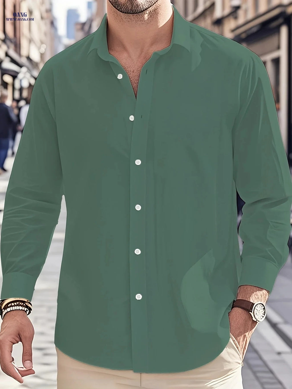 100% Cotton Men's Long Sleeve Button-Up Shirt for Casual & Travel   OAXG White / FR S