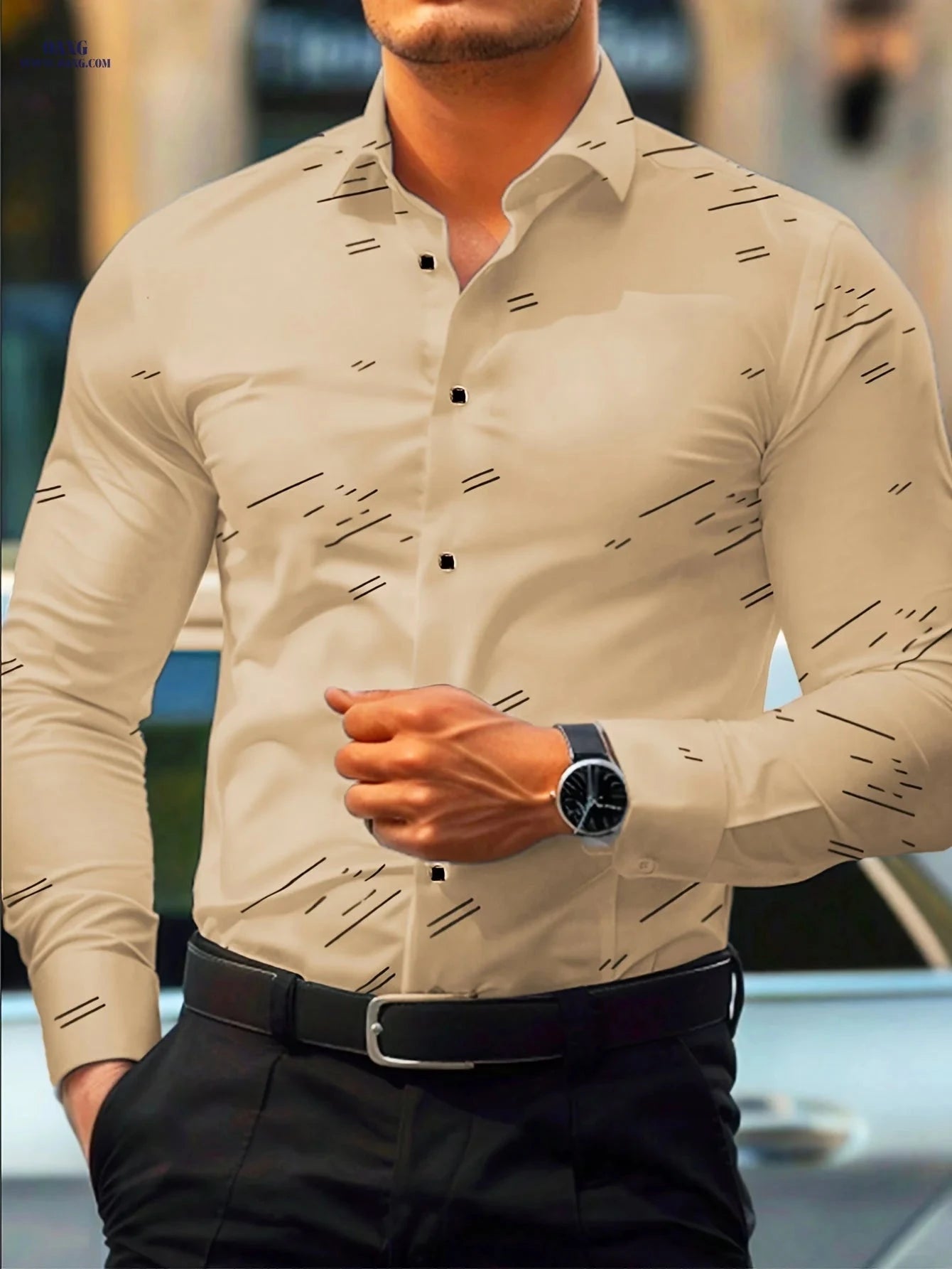 1810 Men's Fashion Long Sleeve Shirt - Diagonal Stripes, Easy Care   OAXG 