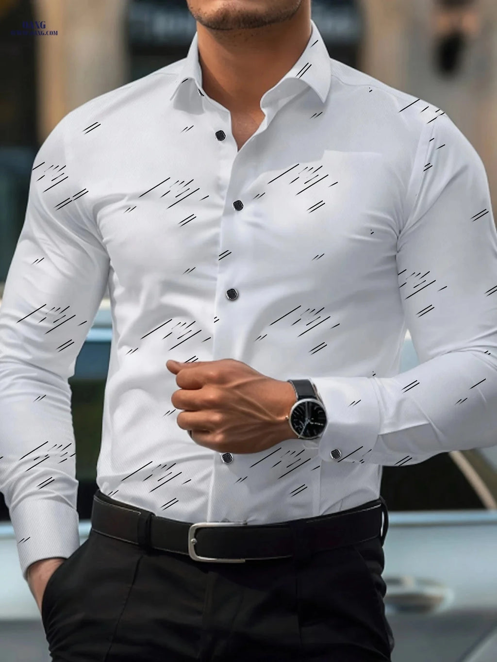 1810 Men's Fashion Long Sleeve Shirt - Diagonal Stripes, Easy Care   OAXG Khaki / FR S