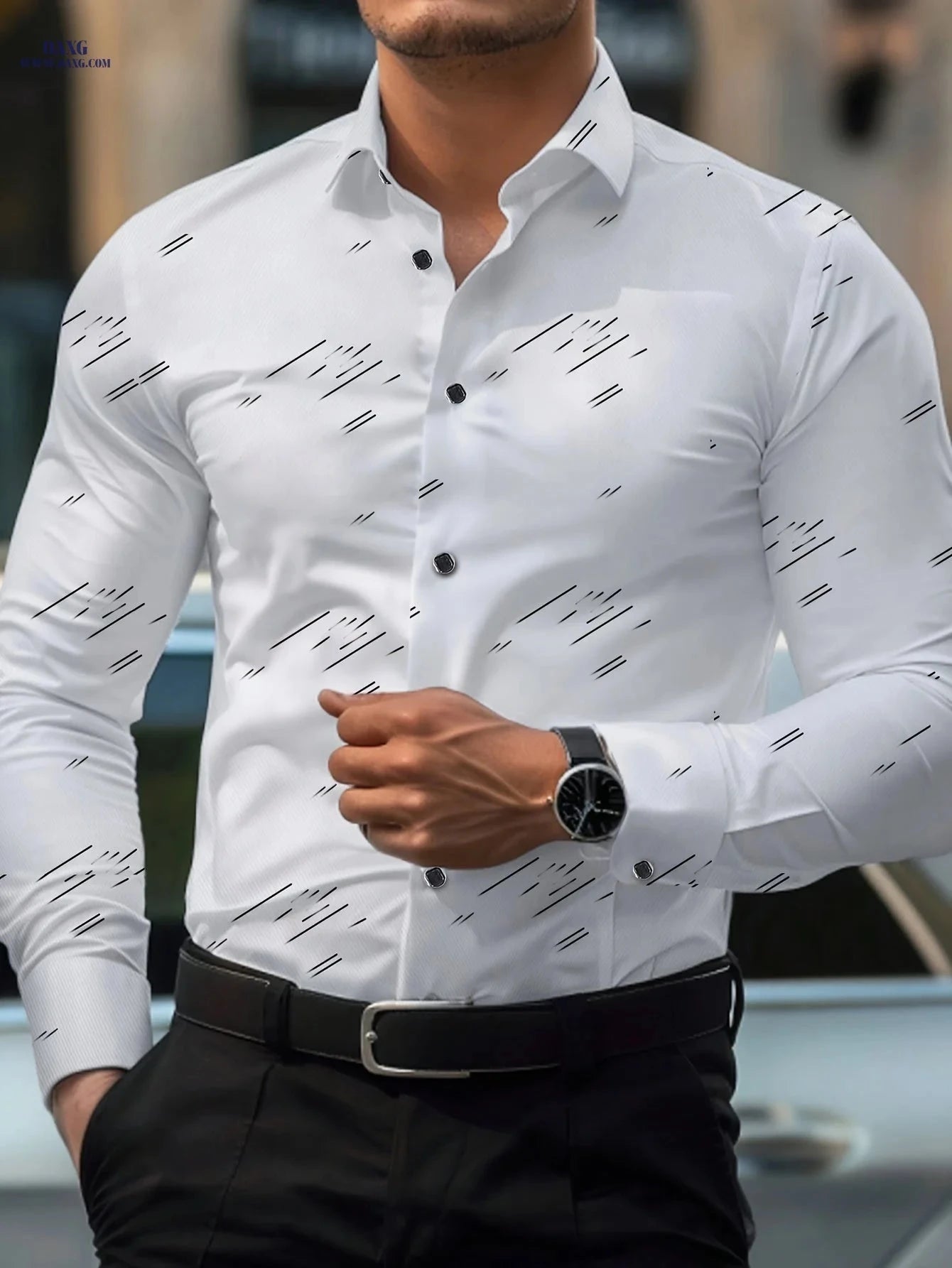1810 Men's Fashion Long Sleeve Shirt - Diagonal Stripes, Easy Care   OAXG Khaki / FR S