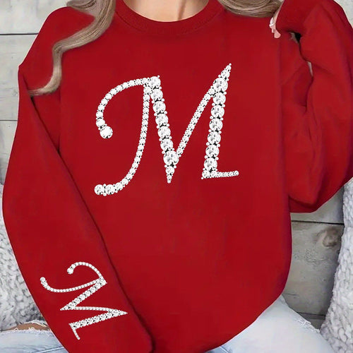 1pc Autumn New Arrival Pullover Sweatshirt - Beautiful Shiny Letter M Simple Pattern Print Pullover Sweatshirt - Elegant Women's Wear, Elegant Thin Crew Neck Sweatshirt, Suitable for Holiday Apparel, Vacation, Graduation, Birthday Gift   OAXG