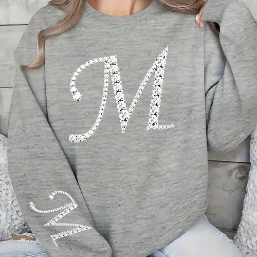 1pc Autumn New Arrival Pullover Sweatshirt - Beautiful Shiny Letter M Simple Pattern Print Pullover Sweatshirt - Elegant Women's Wear, Elegant Thin Crew Neck Sweatshirt, Suitable for Holiday Apparel, Vacation, Graduation, Birthday Gift   OAXG