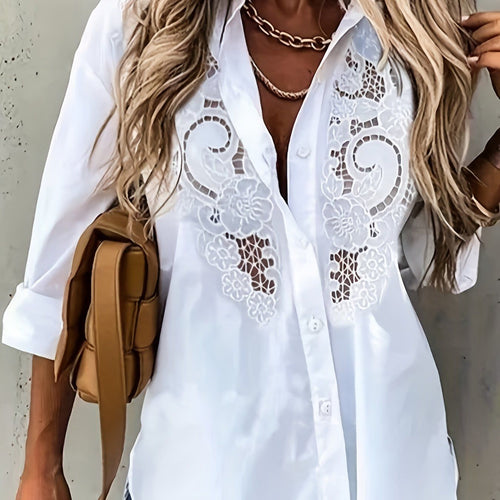 2022 New Women's Solid Color Lapel Cardigan Embroidered Cut-Out Long Sleeve Blouse for European and American Cross-Border Independent Sites   OAXG White / S