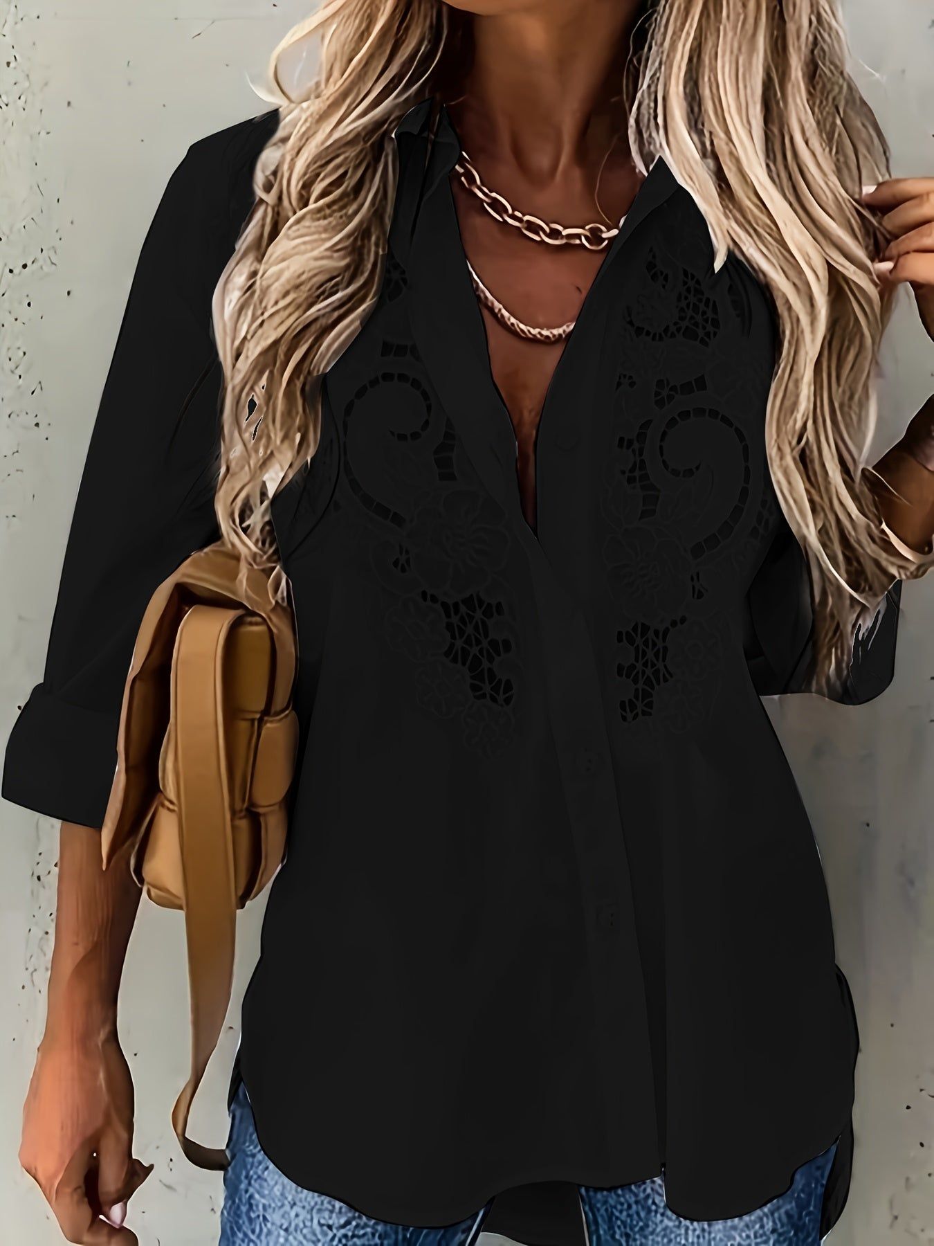 2022 New Women's Solid Color Lapel Cardigan Embroidered Cut-Out Long Sleeve Blouse for European and American Cross-Border Independent Sites   OAXG White / S