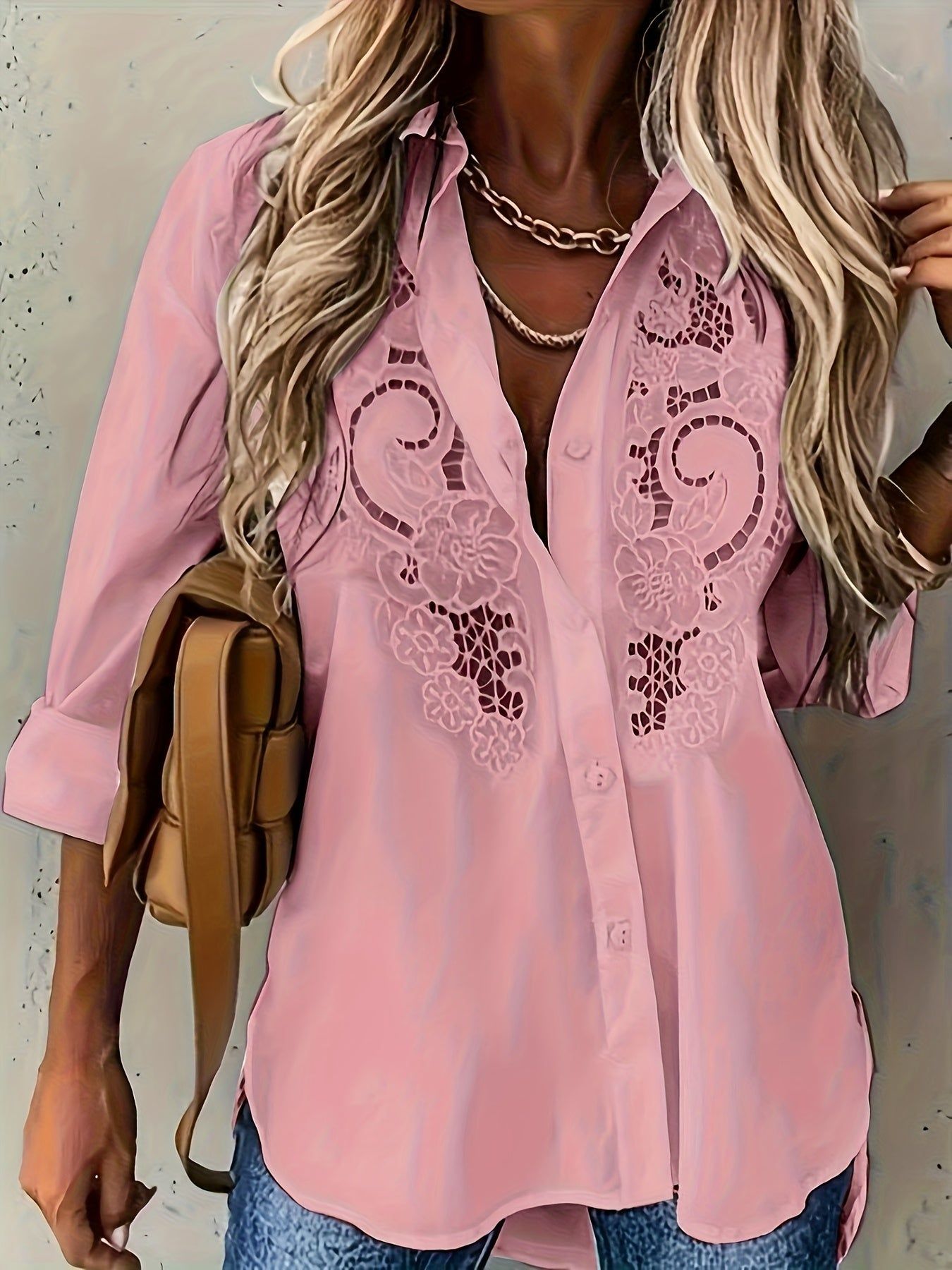 2022 New Women's Solid Color Lapel Cardigan Embroidered Cut-Out Long Sleeve Blouse for European and American Cross-Border Independent Sites   OAXG White / S