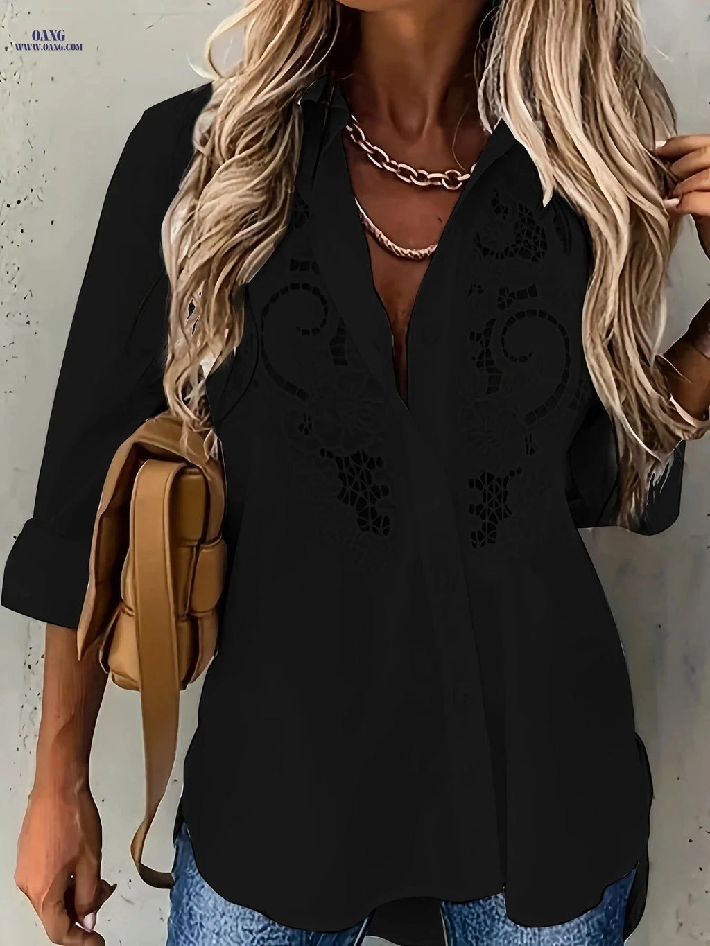 2022 Solid Color Lapel Cardigan - Long Sleeve Embroidered Blouse   OAXG White / S