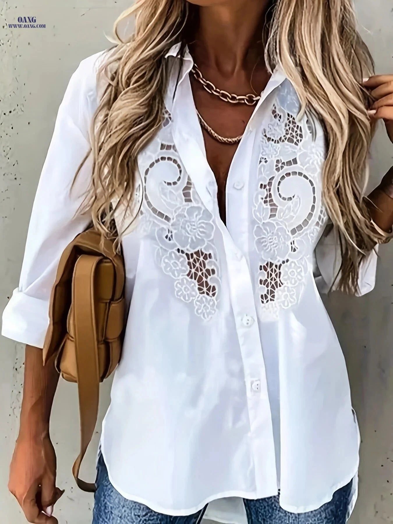 2022 Solid Color Lapel Cardigan - Long Sleeve Embroidered Blouse   OAXG White / S