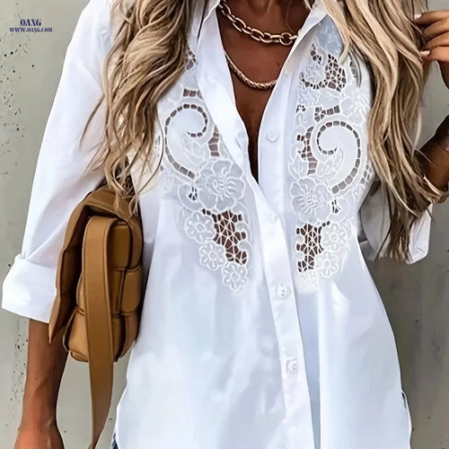 2022 Solid Color Lapel Cardigan - Long Sleeve Embroidered Blouse   OAXG White / S