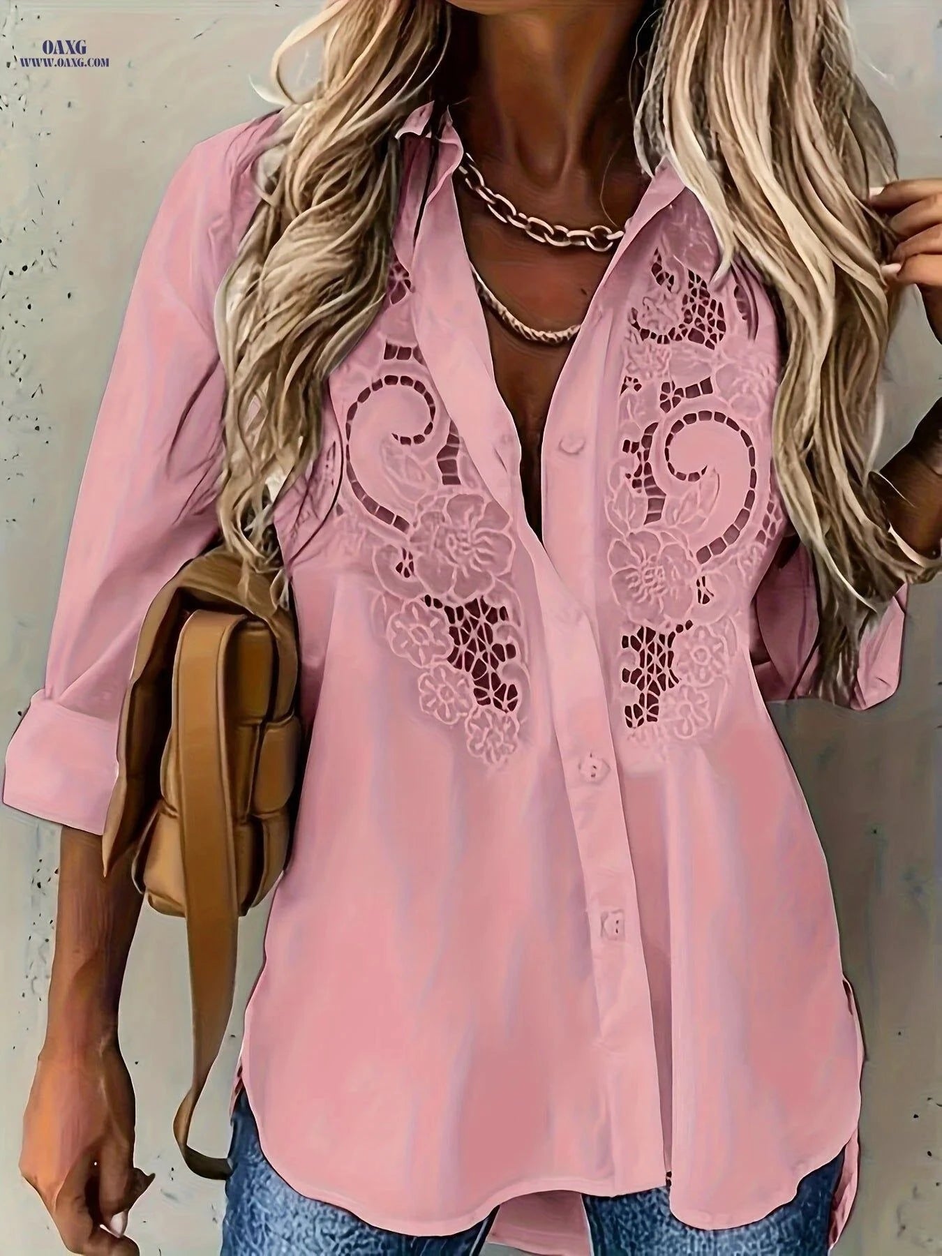 2022 Solid Color Lapel Cardigan - Long Sleeve Embroidered Blouse   OAXG White / S
