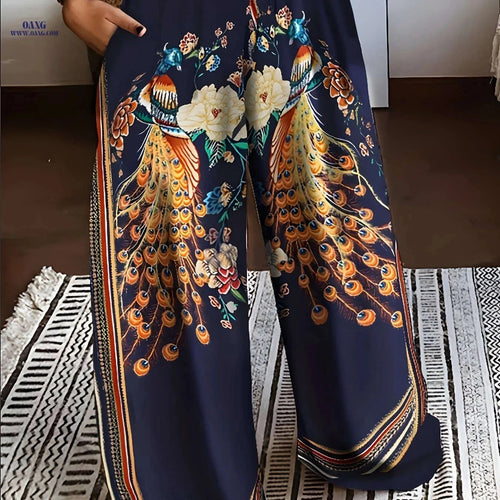 2023 Fashion Peacock Printed Long Pants - Casual Straight Leg Style   OAXG Blue / S