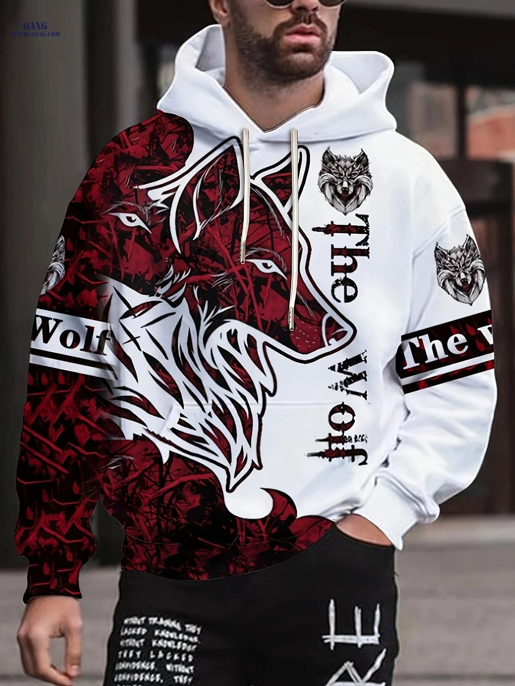 2023 Men's Hoodie - 3D Digital Print Wolf Pattern Casual Jacket   OAXG Wine Red + White / FR M