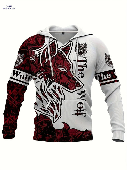 2023 Men's Hoodie - 3D Digital Print Wolf Pattern Casual Jacket   OAXG Wine Red + White / FR M