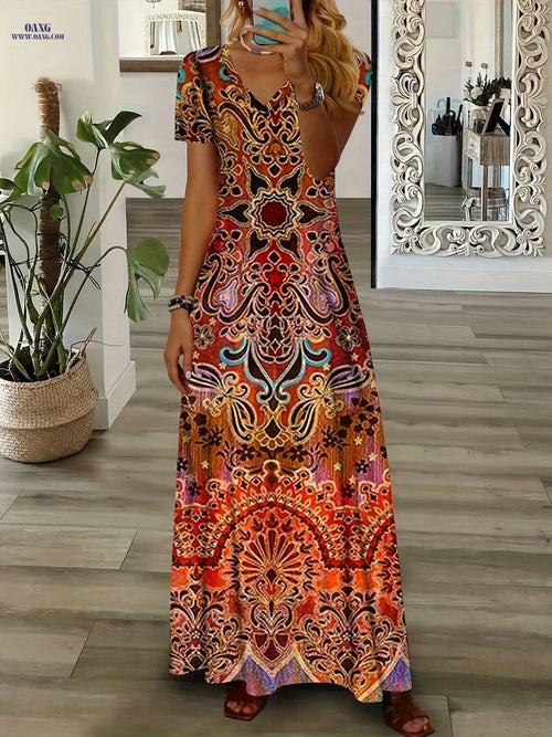 2023 Summer Women's Retro V-Neck Dress - A-Line Midi, Flowy Skirt   OAXG 