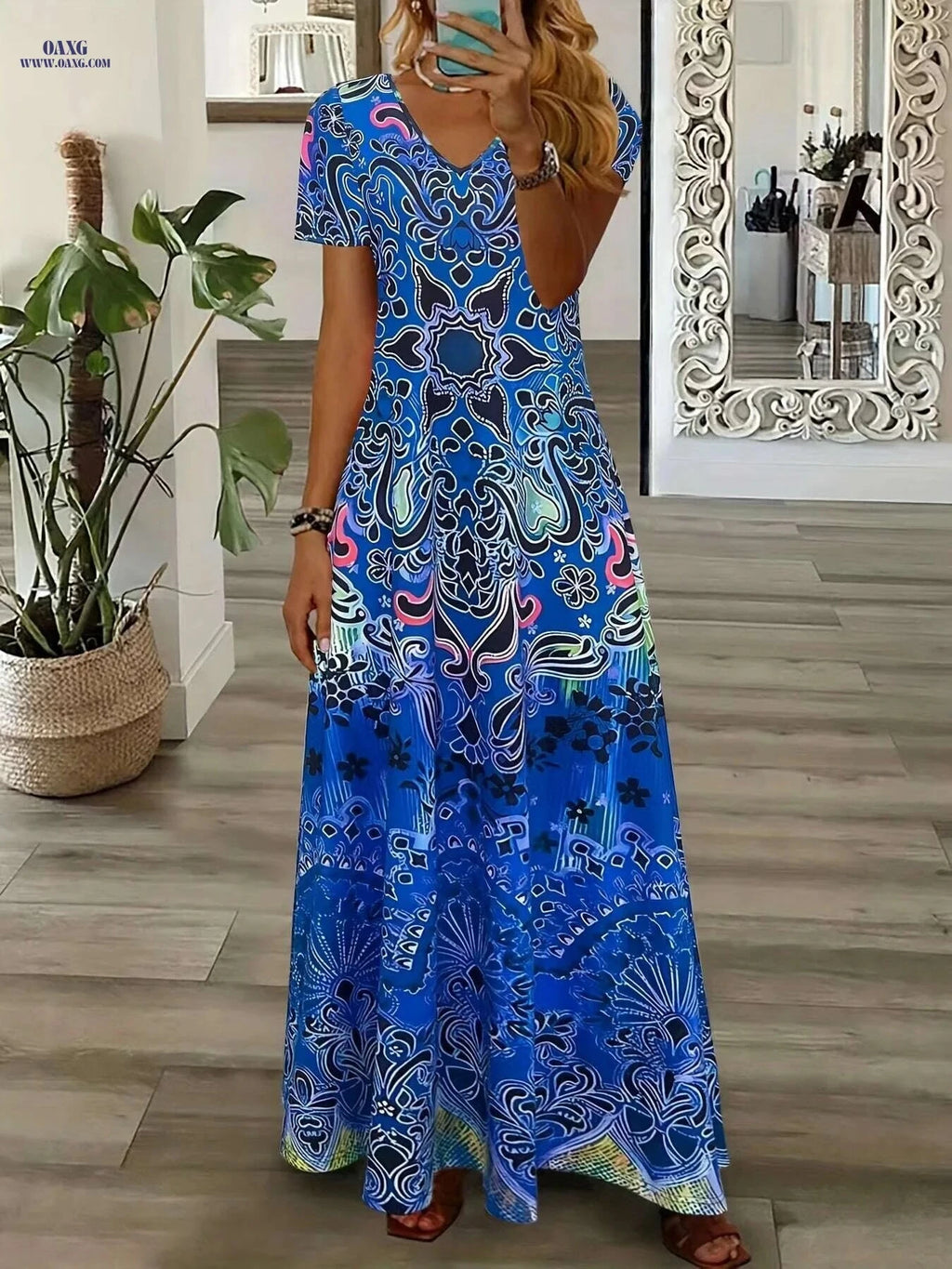 2023 Summer Women's Retro V-Neck Dress - A-Line Midi, Flowy Skirt   OAXG Brick Red / S