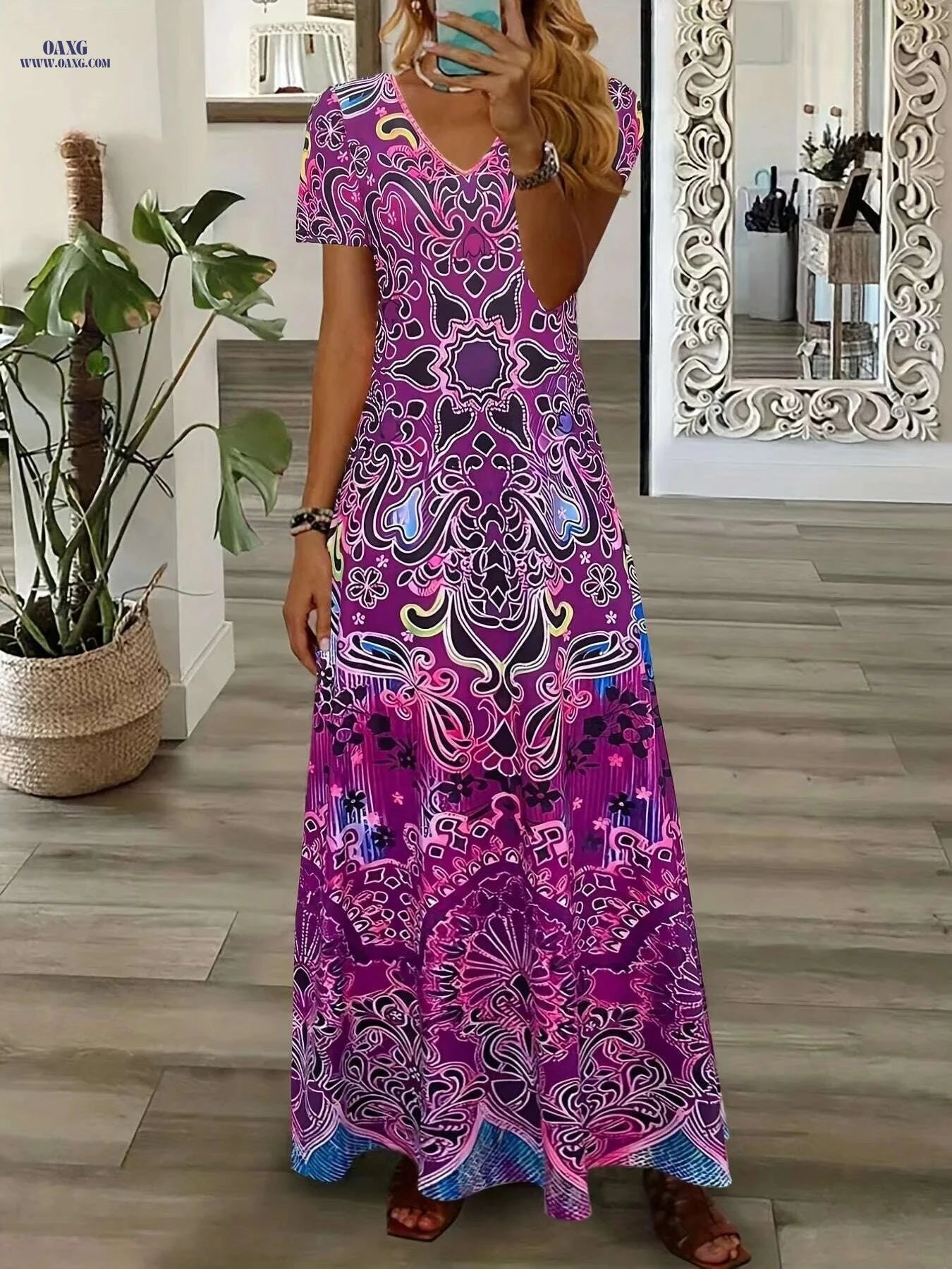 2023 Summer Women's Retro V-Neck Dress - A-Line Midi, Flowy Skirt   OAXG Brick Red / S