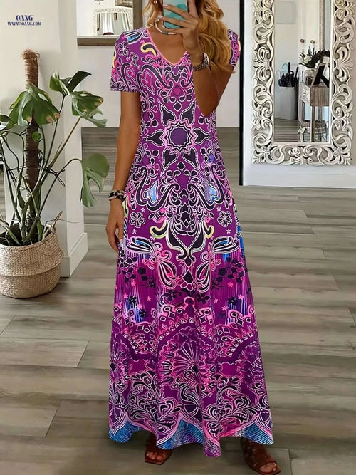 2023 Summer Women's Retro V-Neck Dress - A-Line Midi, Flowy Skirt   OAXG Brick Red / S