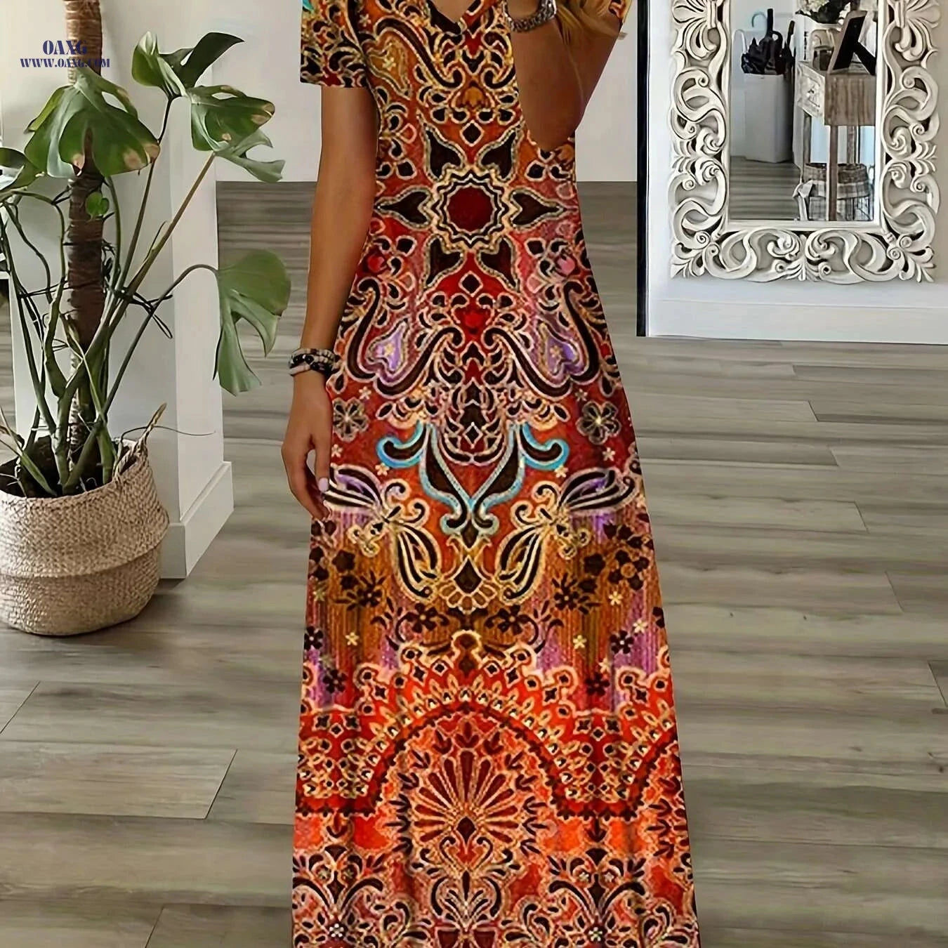2023 Summer Women's Retro V-Neck Dress - A-Line Midi, Flowy Skirt   OAXG Brick Red / S