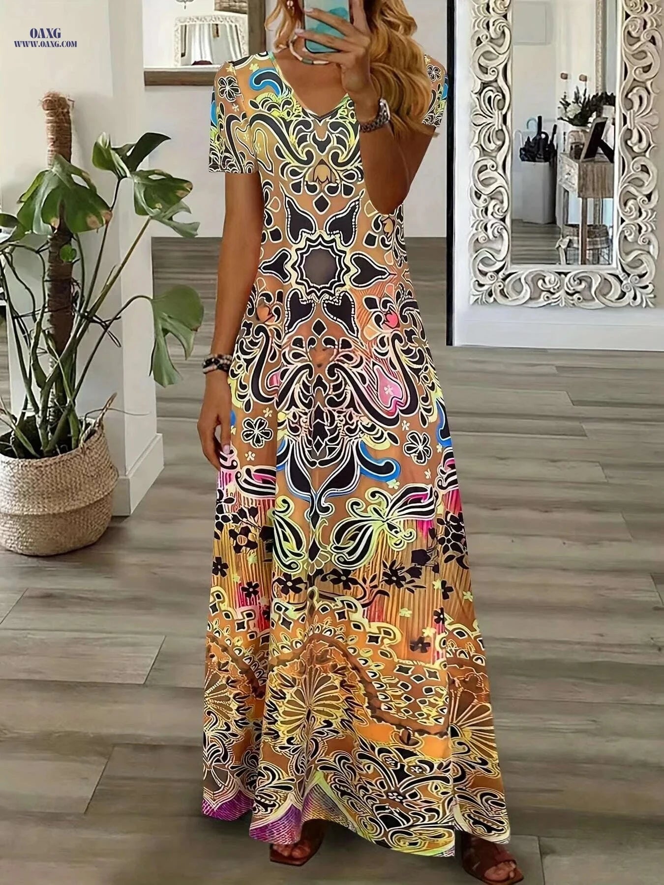 2023 Summer Women's Retro V-Neck Dress - A-Line Midi, Flowy Skirt   OAXG 