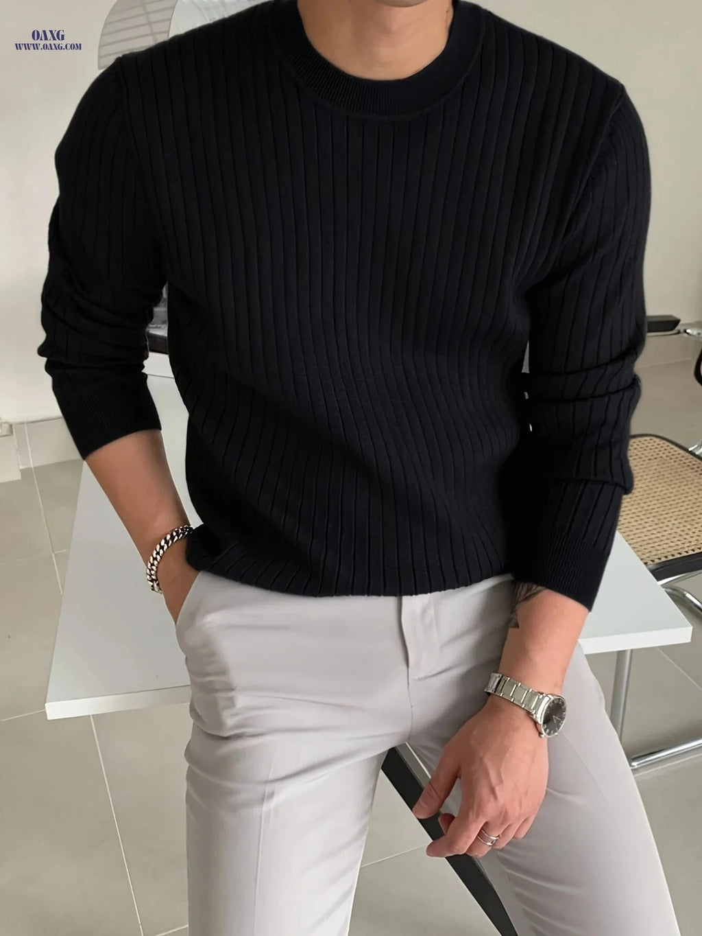 2024 Men's Knit Pullover Sweater - Casual Round Neck Design   OAXG White / FR S