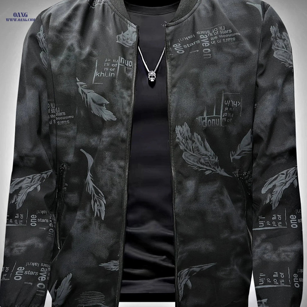 2024 Men's Mid-Age Print Baseball Jacket - Casual Spring Outwear   OAXG Black / FR XS
