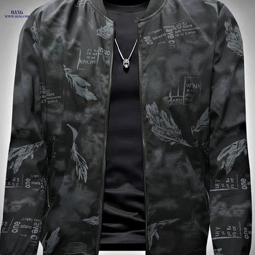 2024 Men's Mid-Age Print Baseball Jacket - Casual Spring Outwear   OAXG Black / FR XS