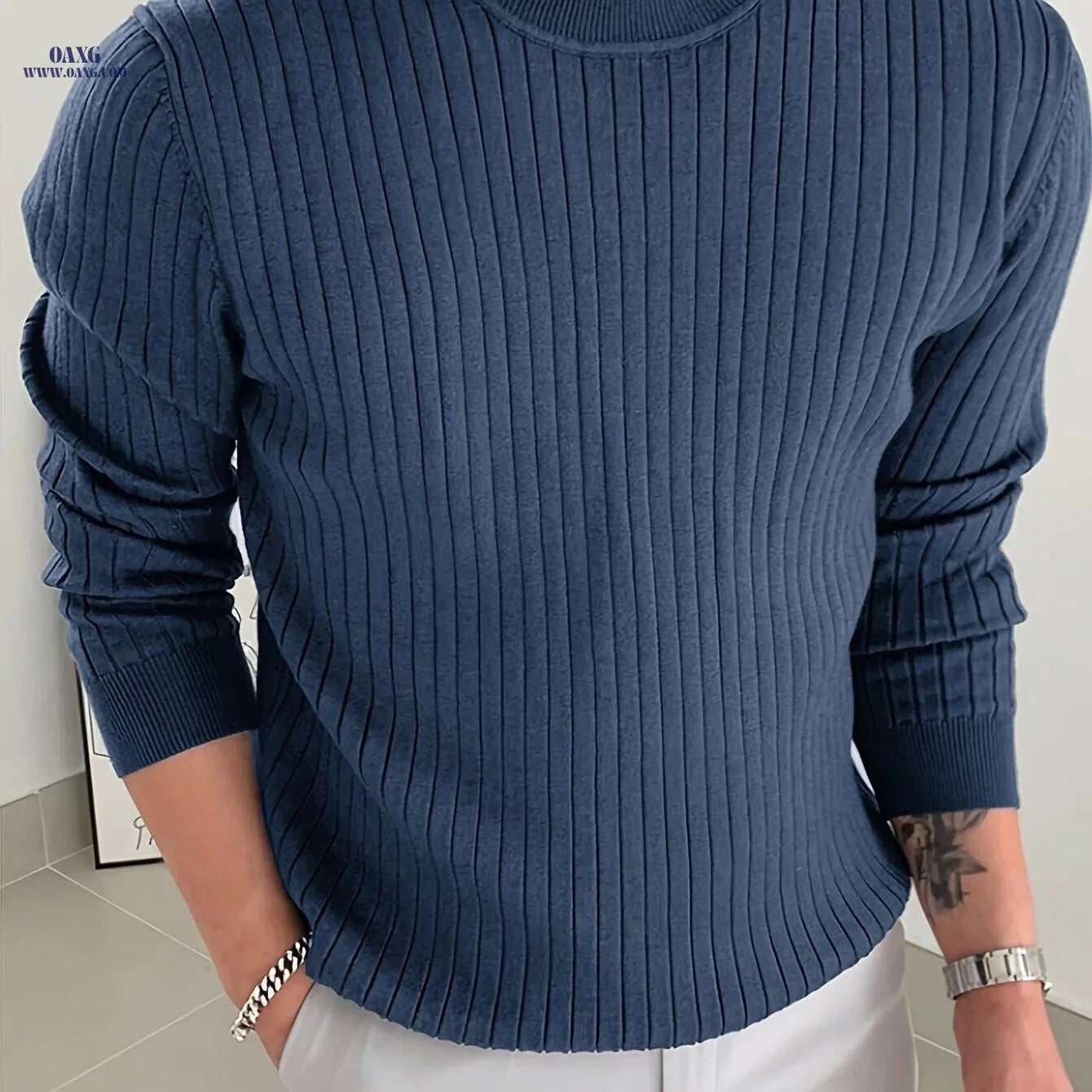 2024 Men's Round Neck Pullover Sweater - Casual Knit for Spring/Fall   OAXG 