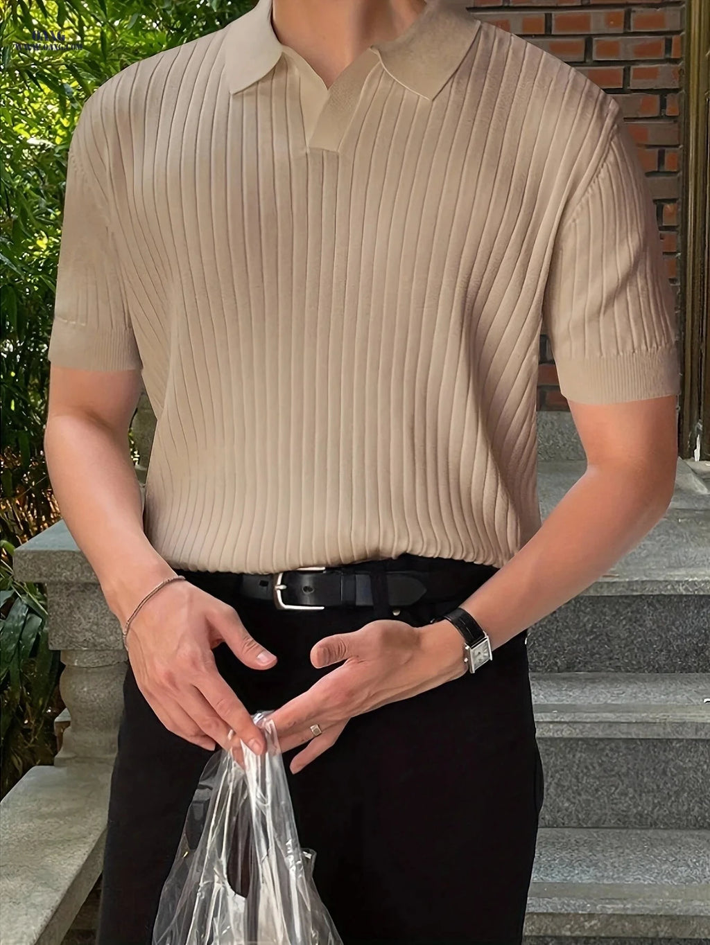2024 Men's Striped Short Sleeve Polo - Knit Sweater, All-Season Style   OAXG Olive Green / FR L