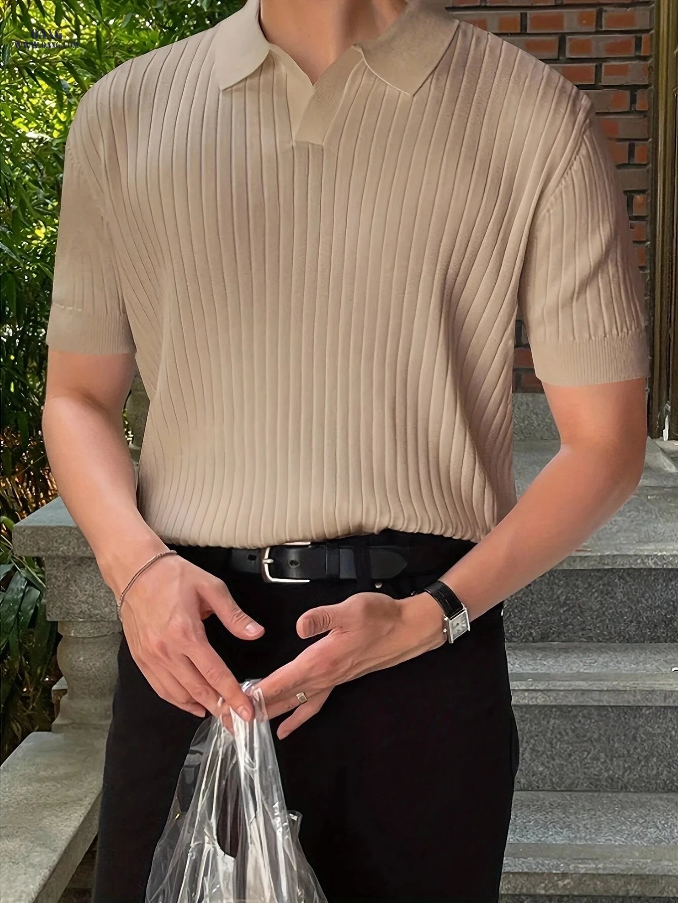 2024 Men's Striped Short Sleeve Polo - Knit Sweater, All-Season Style   OAXG Olive Green / FR L