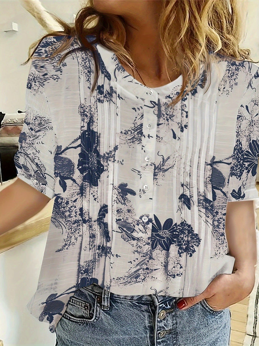 2024 Spring/Summer Striped Round Neck Front Button A-Line Blouse   OAXG The color of rouge / S