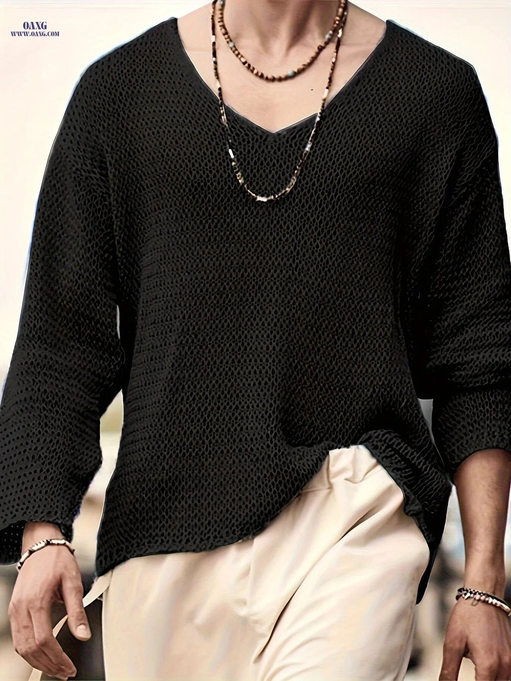 2024 Vintage Men's V-Neck Sweater - Loose Fit Casual Knit   OAXG Black / FR S