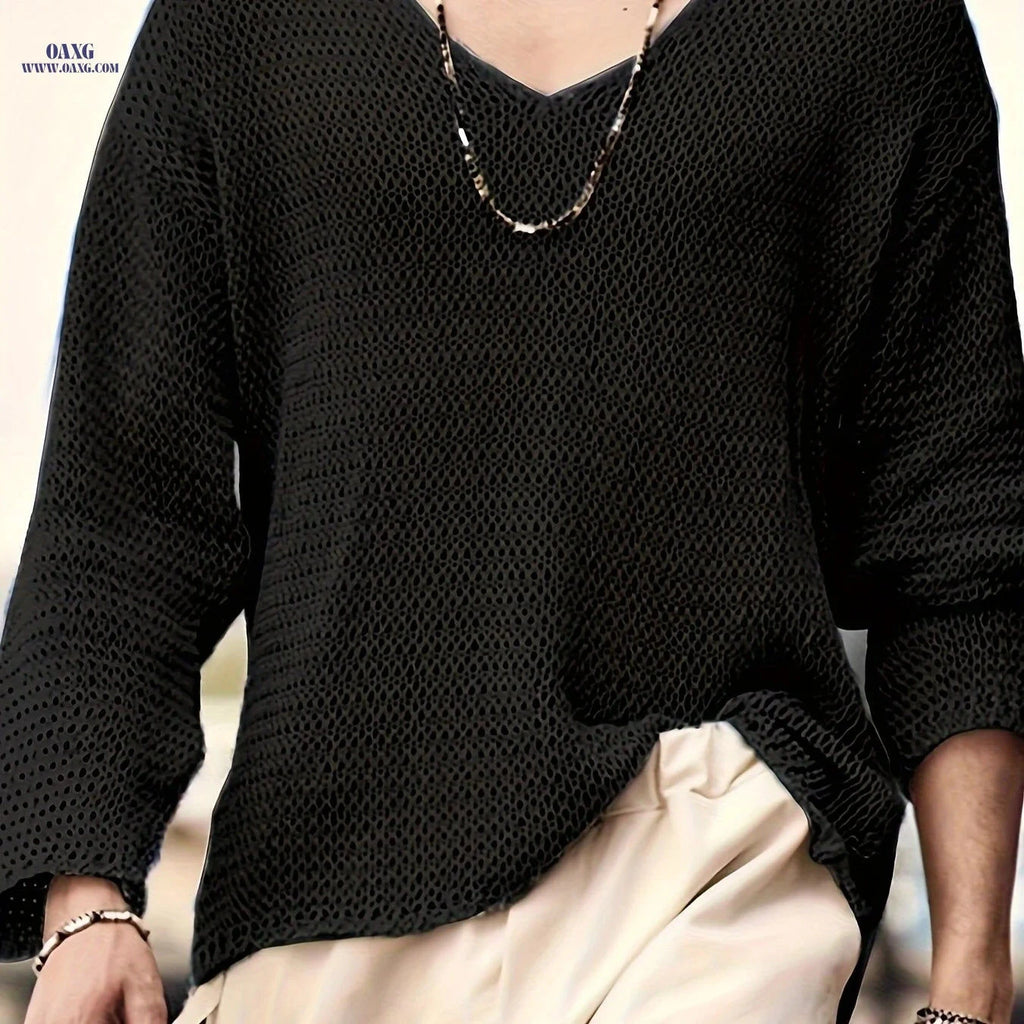 2024 Vintage Men's V-Neck Sweater - Loose Fit Casual Knit   OAXG Black / FR S