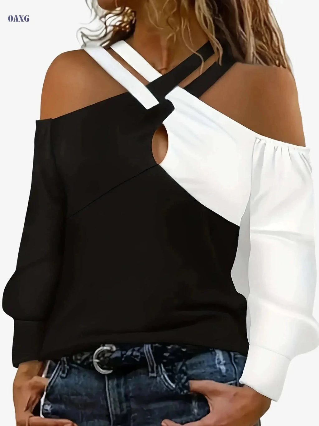 2024 Women's Off-Shoulder Color-Blocked T-Shirt - Casual Spring Style   OAXG 