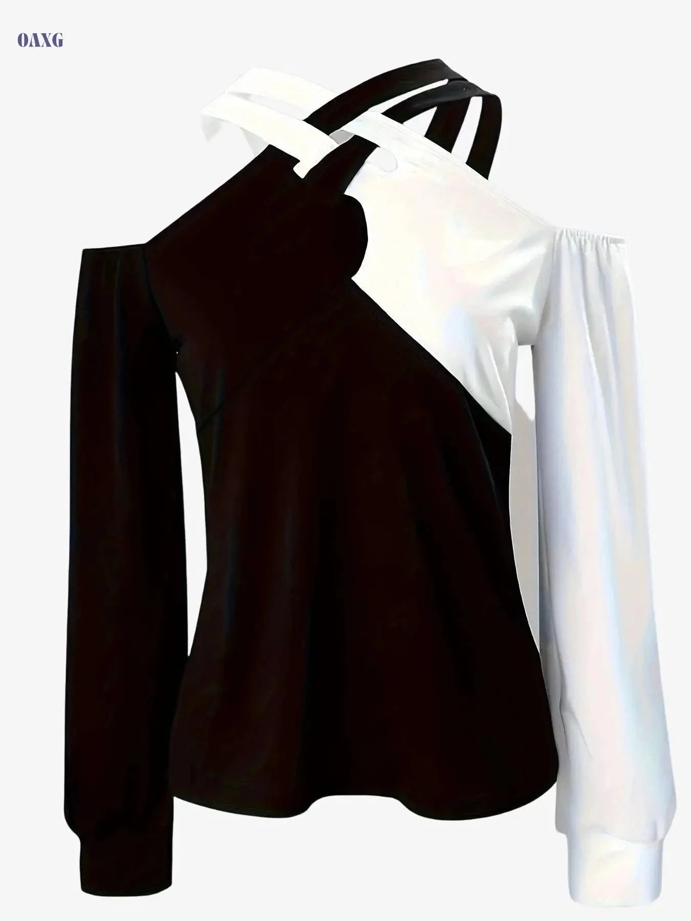 2024 Women's Off-Shoulder Color-Blocked T-Shirt - Casual Spring Style   OAXG Black / S