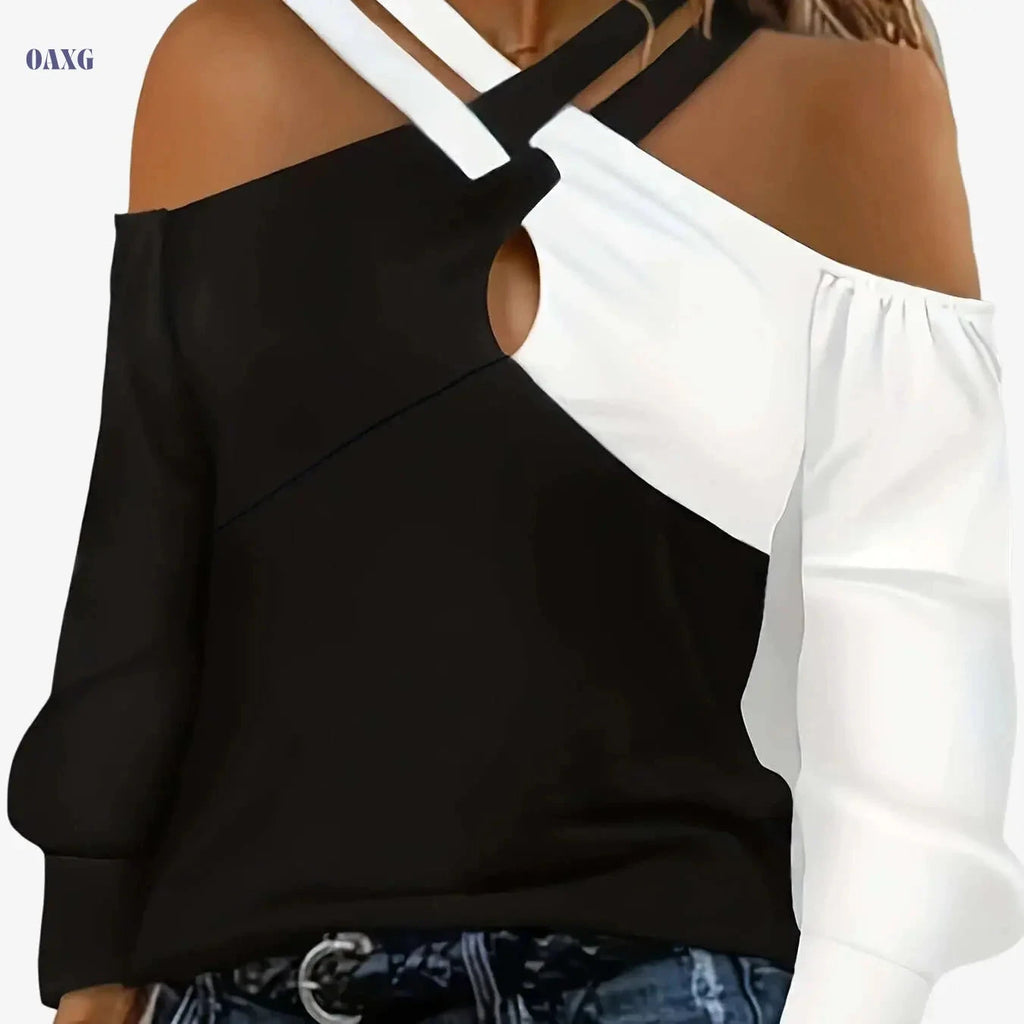 2024 Women's Off-Shoulder Color-Blocked T-Shirt - Casual Spring Style   OAXG Black / S