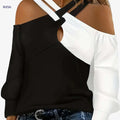 2024 Women's Off-Shoulder Color-Blocked T-Shirt - Casual Spring Style   OAXG Black / S