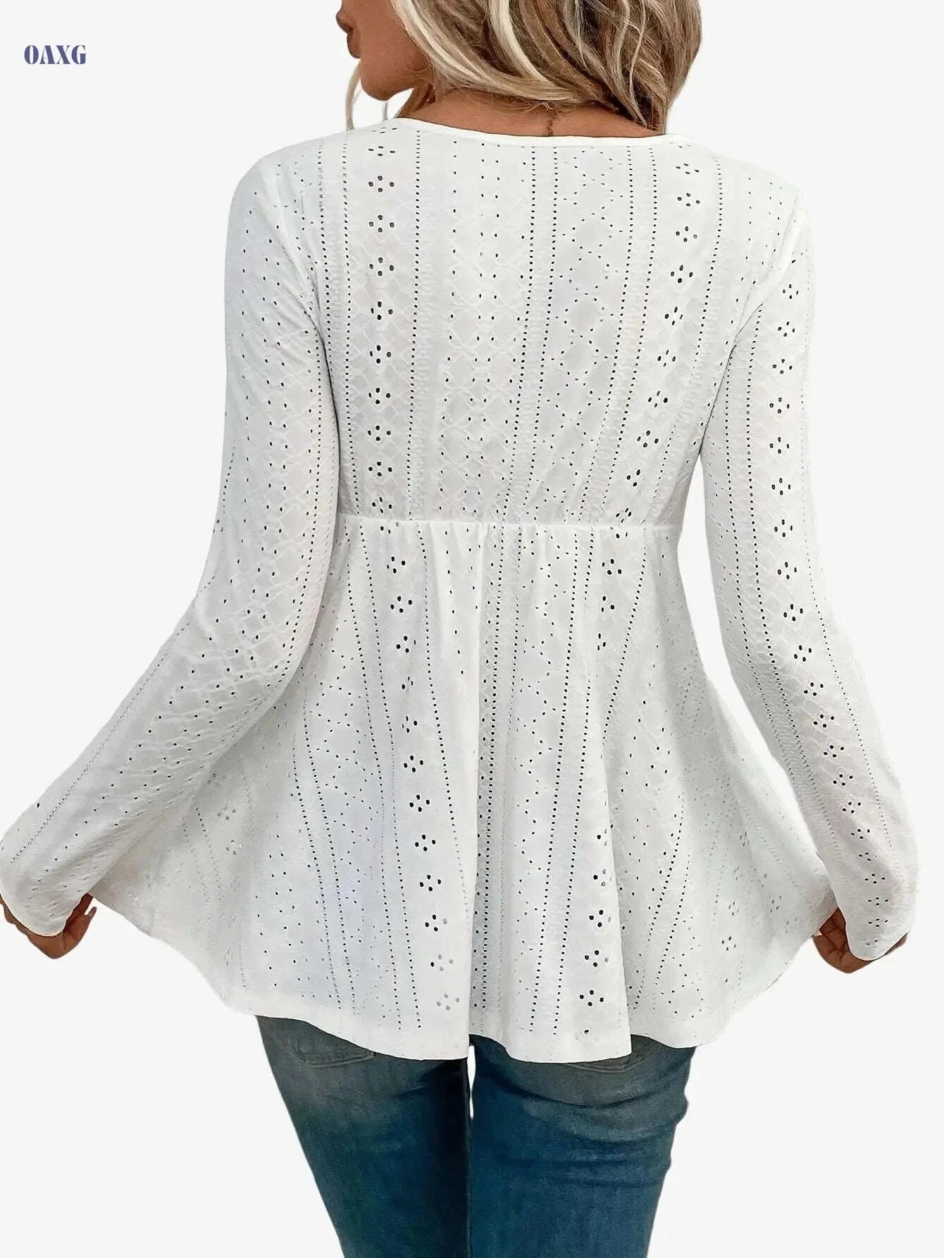 2024 Women's V-Neck Long Sleeve T-Shirt with Lace Panel - Elegant   OAXG 