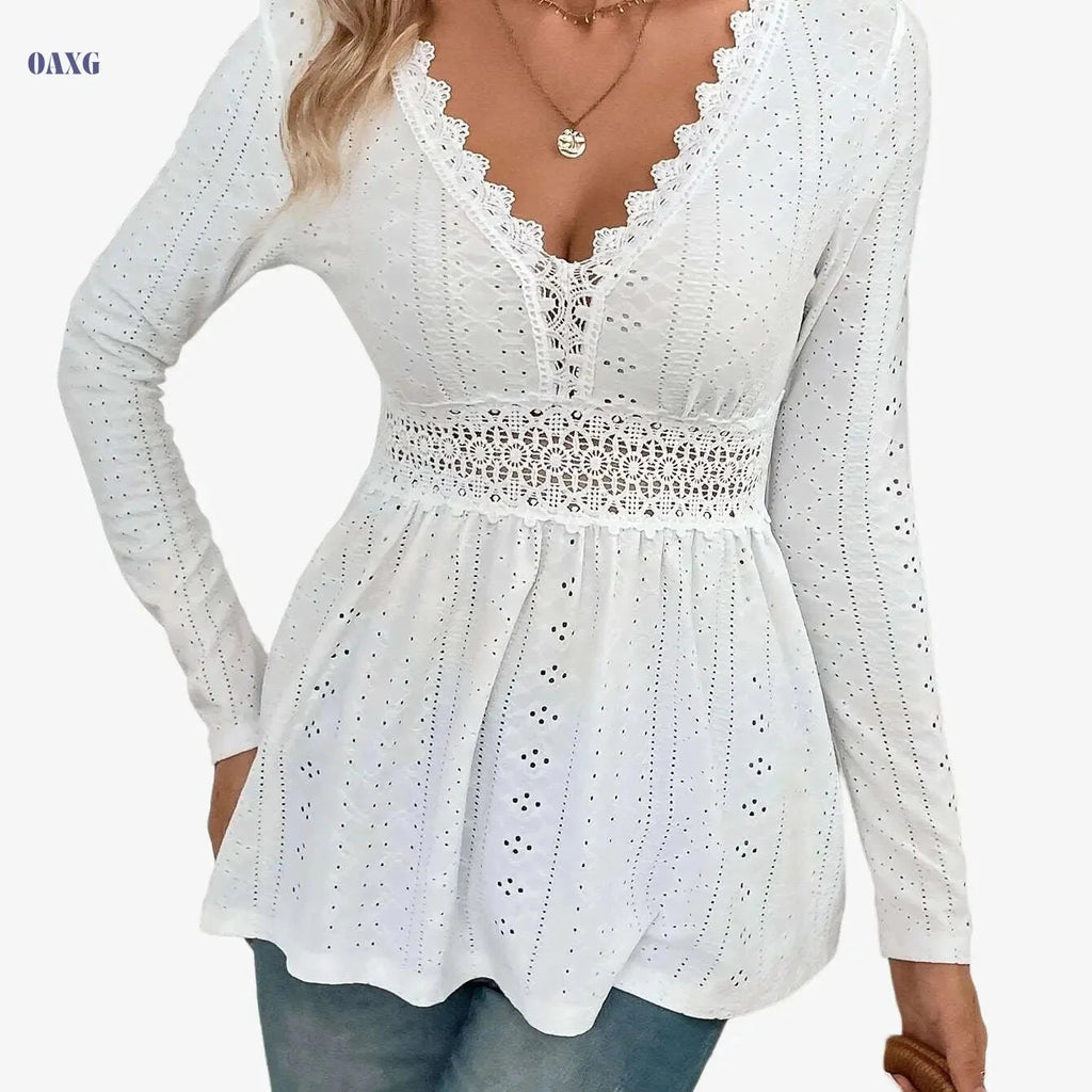 2024 Women's V-Neck Long Sleeve T-Shirt with Lace Panel - Elegant   OAXG 