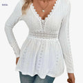 2024 Women's V-Neck Long Sleeve T-Shirt with Lace Panel - Elegant   OAXG 
