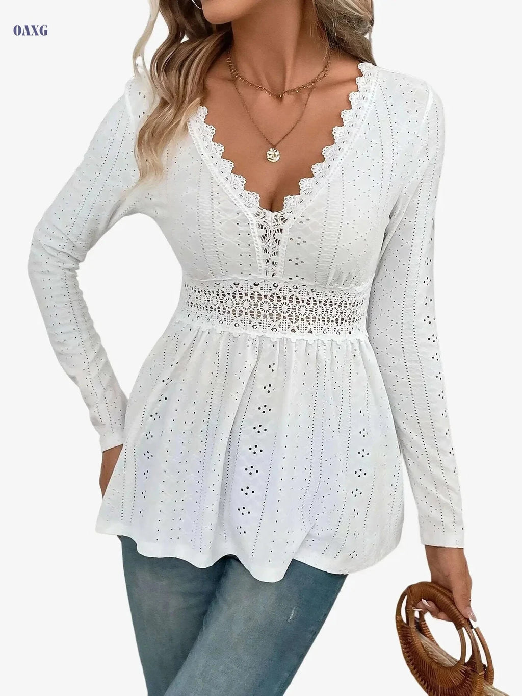 2024 Women's V-Neck Long Sleeve T-Shirt with Lace Panel - Elegant   OAXG 