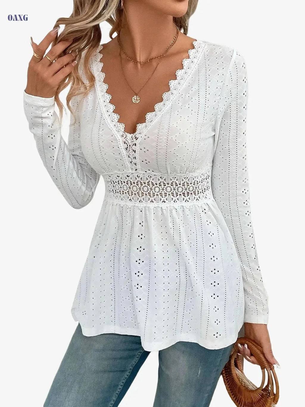 2024 Women's V-Neck Long Sleeve T-Shirt with Lace Panel - Elegant   OAXG White / S