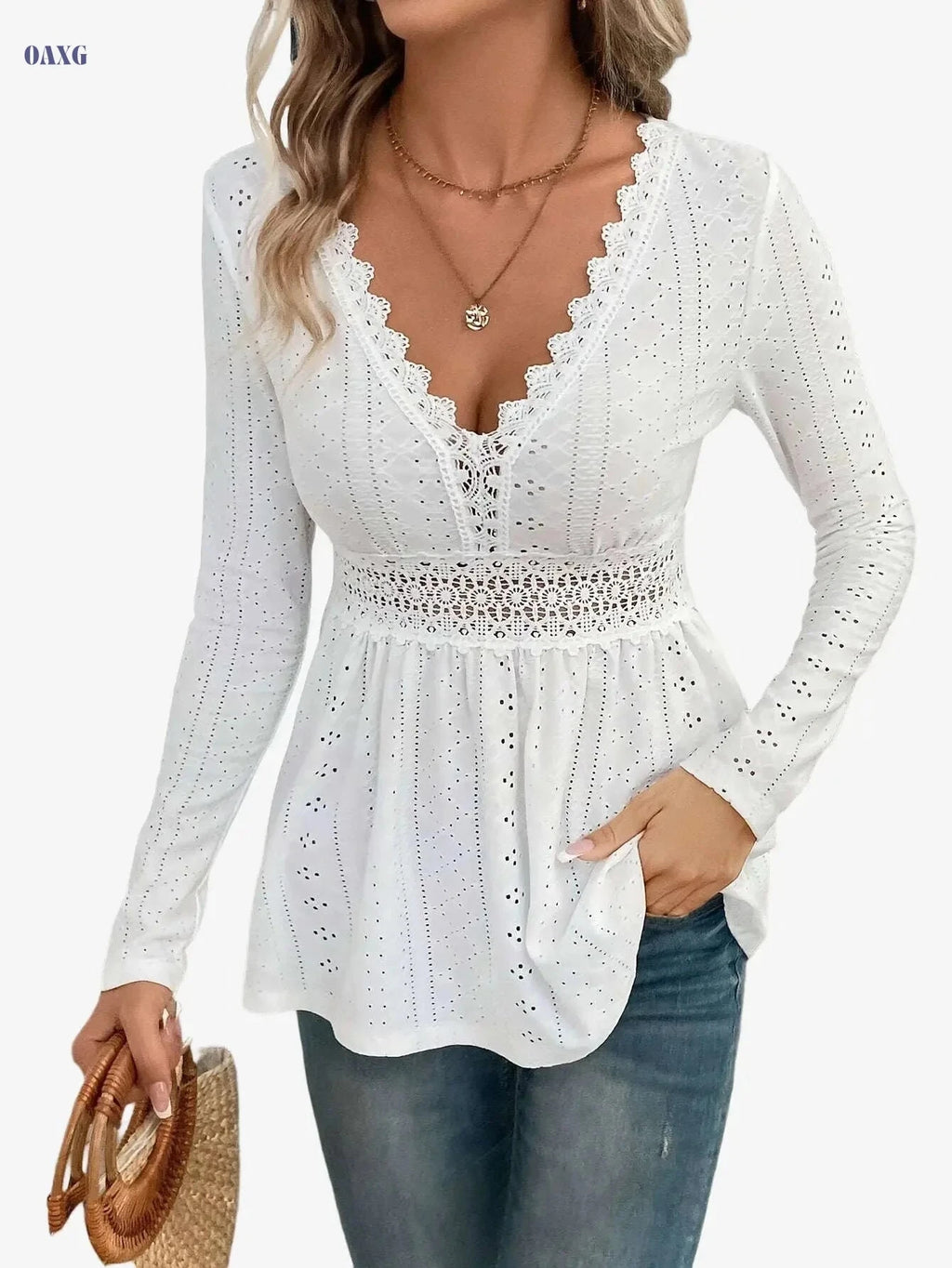 2024 Women's V-Neck Long Sleeve T-Shirt with Lace Panel - Elegant   OAXG White / S
