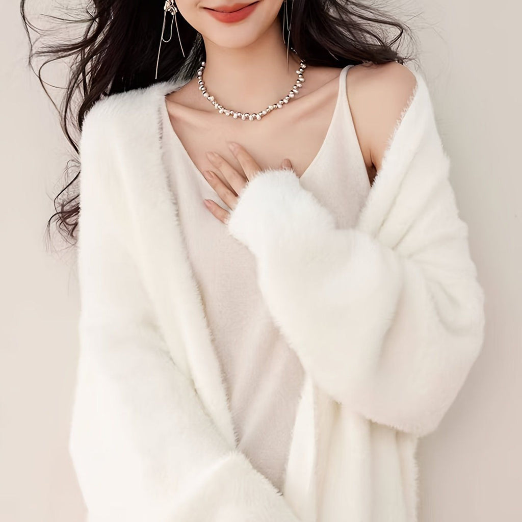 2025 Autumn/Winter New Arrival Mid-Length Buttonless Outerwear, Women's Fashion Korean Style Petite Lazy Look Faux Mink Soft White Cardigan   OAXG White / Asian S/M