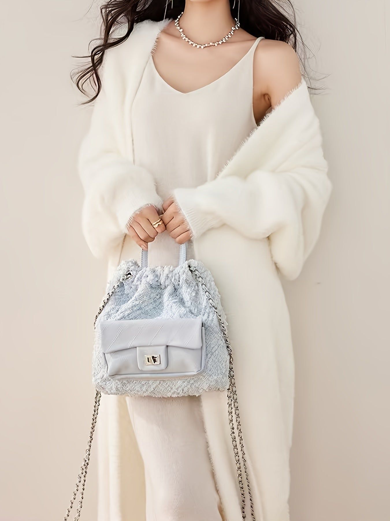 2025 Autumn/Winter New Arrival Mid-Length Buttonless Outerwear, Women's Fashion Korean Style Petite Lazy Look Faux Mink Soft White Cardigan   OAXG White / Asian S/M