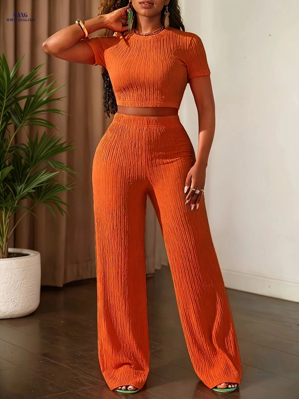 2025 Casual Solid Color Top & Wide Leg Pants Set - Short Sleeve   OAXG 