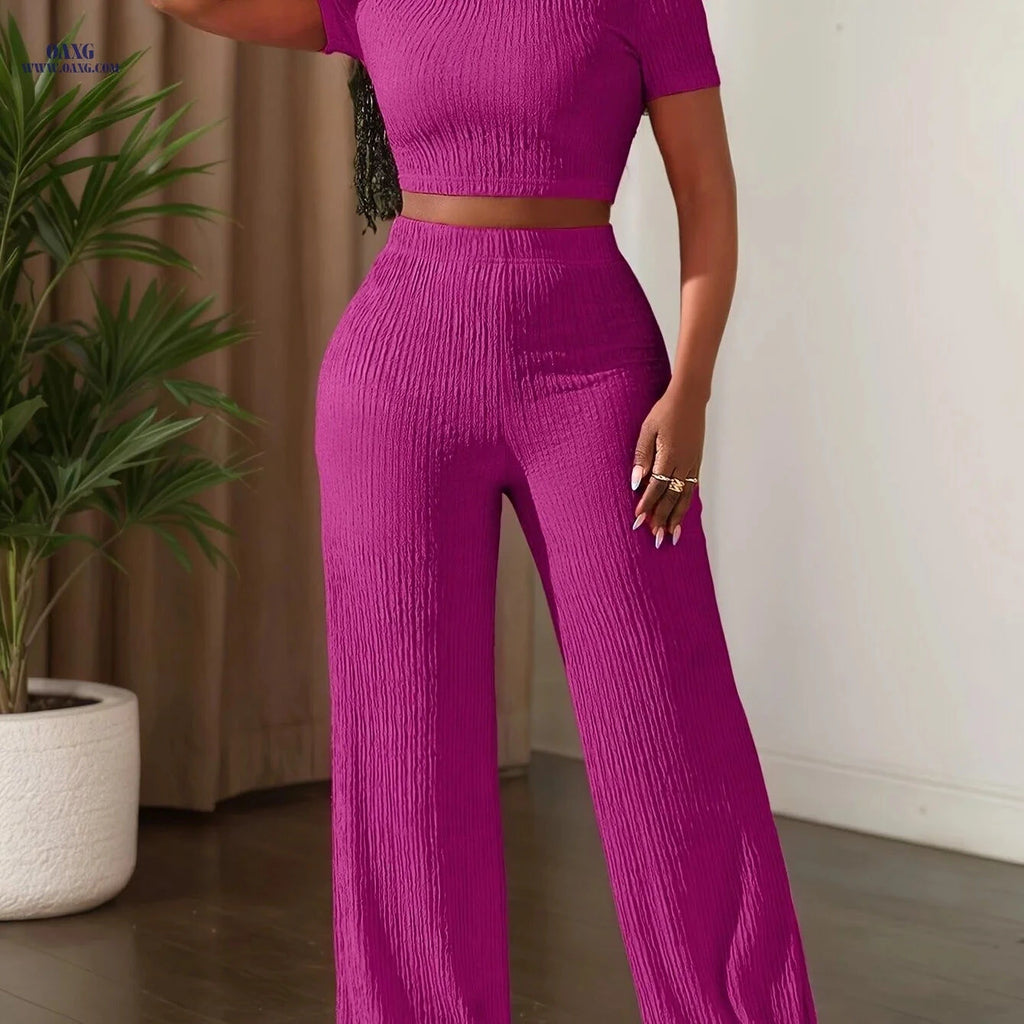 2025 Casual Solid Color Top & Wide Leg Pants Set - Short Sleeve   OAXG 