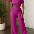 2025 Casual Solid Color Top & Wide Leg Pants Set - Short Sleeve   OAXG 