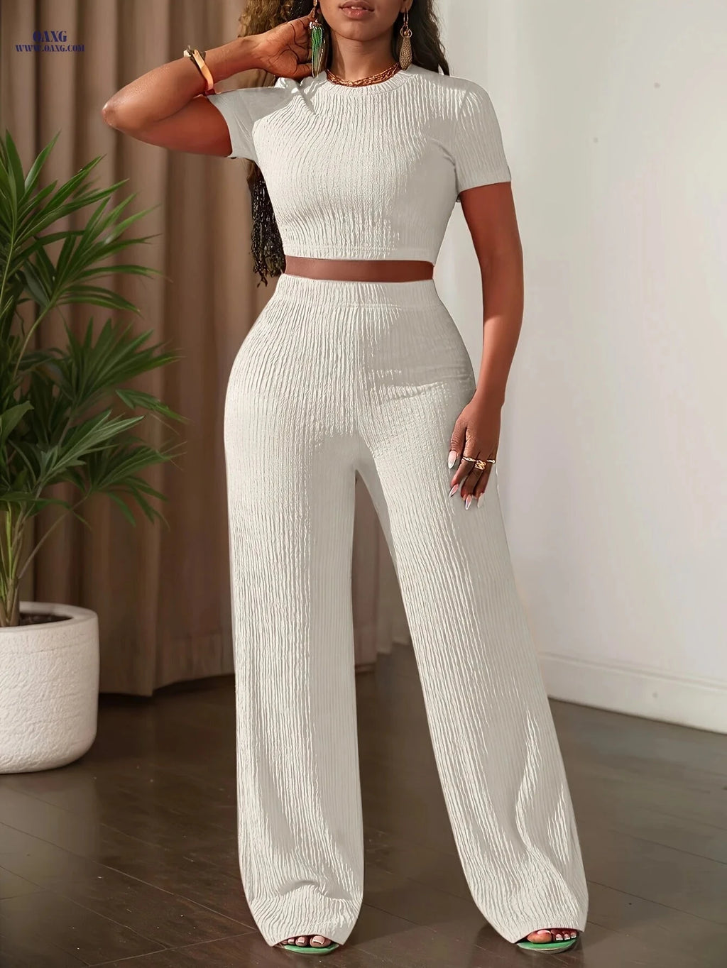 2025 Casual Solid Color Top & Wide Leg Pants Set - Short Sleeve   OAXG 