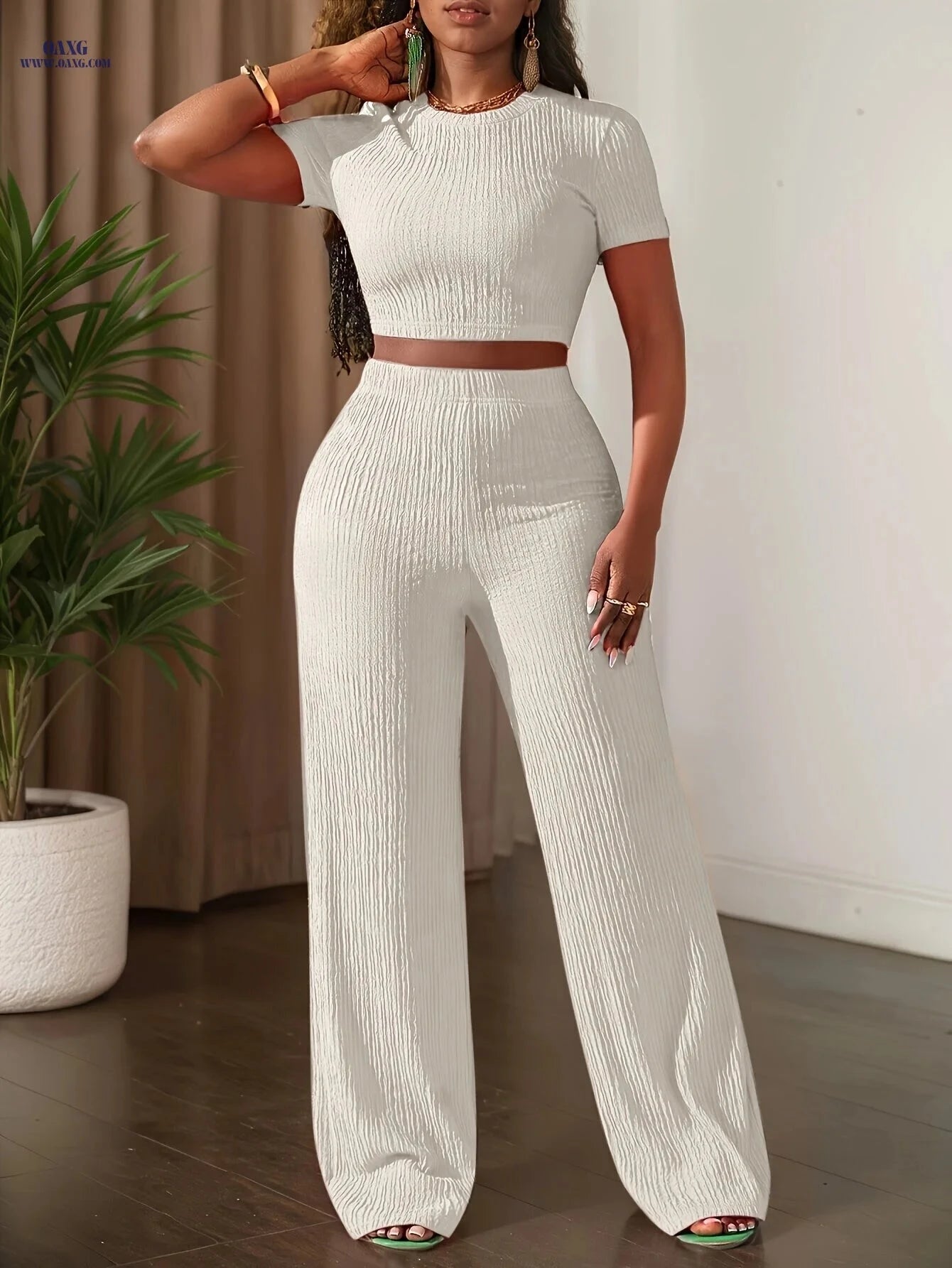 2025 Casual Solid Color Top & Wide Leg Pants Set - Short Sleeve   OAXG 