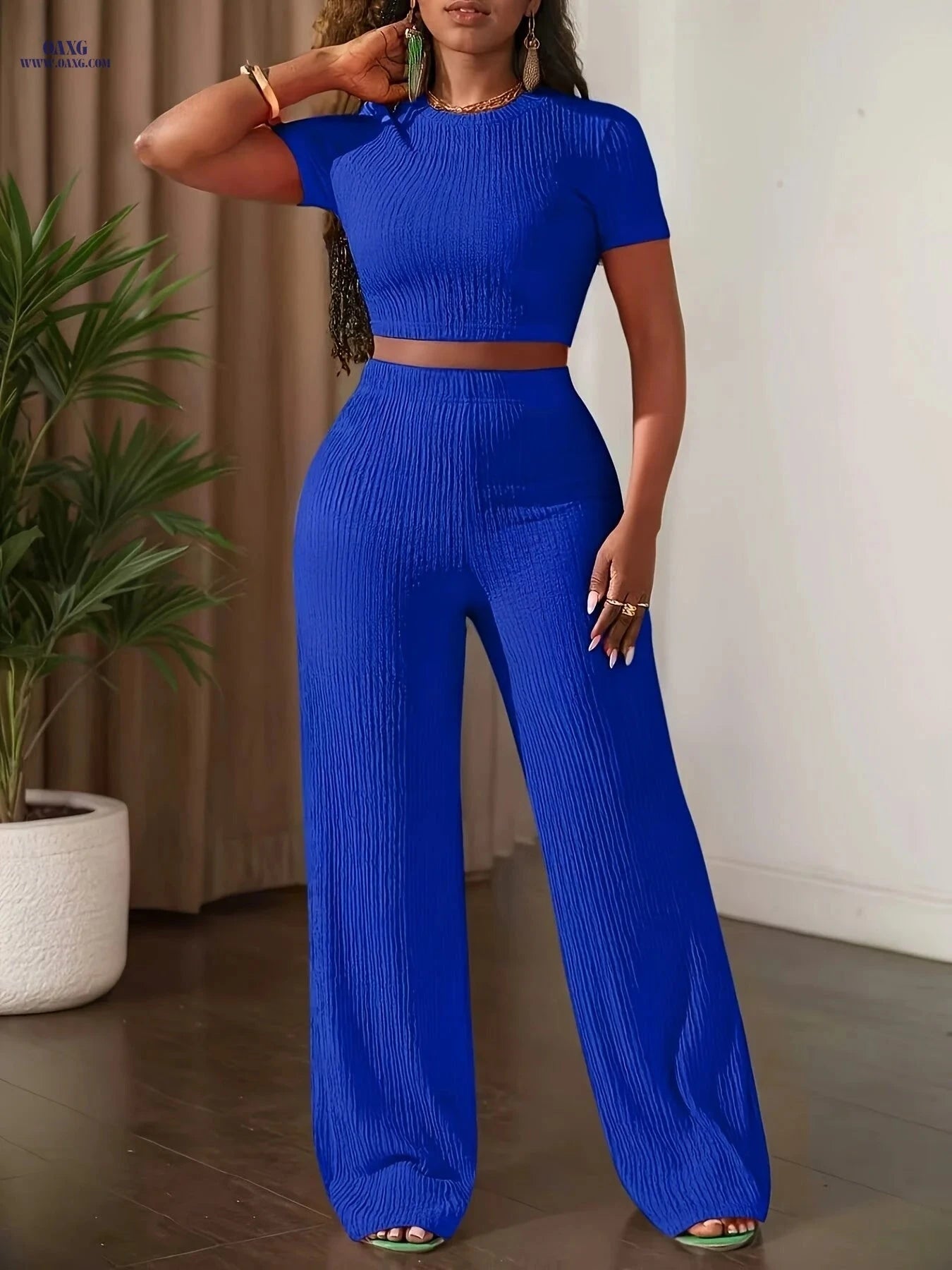 2025 Casual Solid Color Top & Wide Leg Pants Set - Short Sleeve   OAXG Rose Red / XS