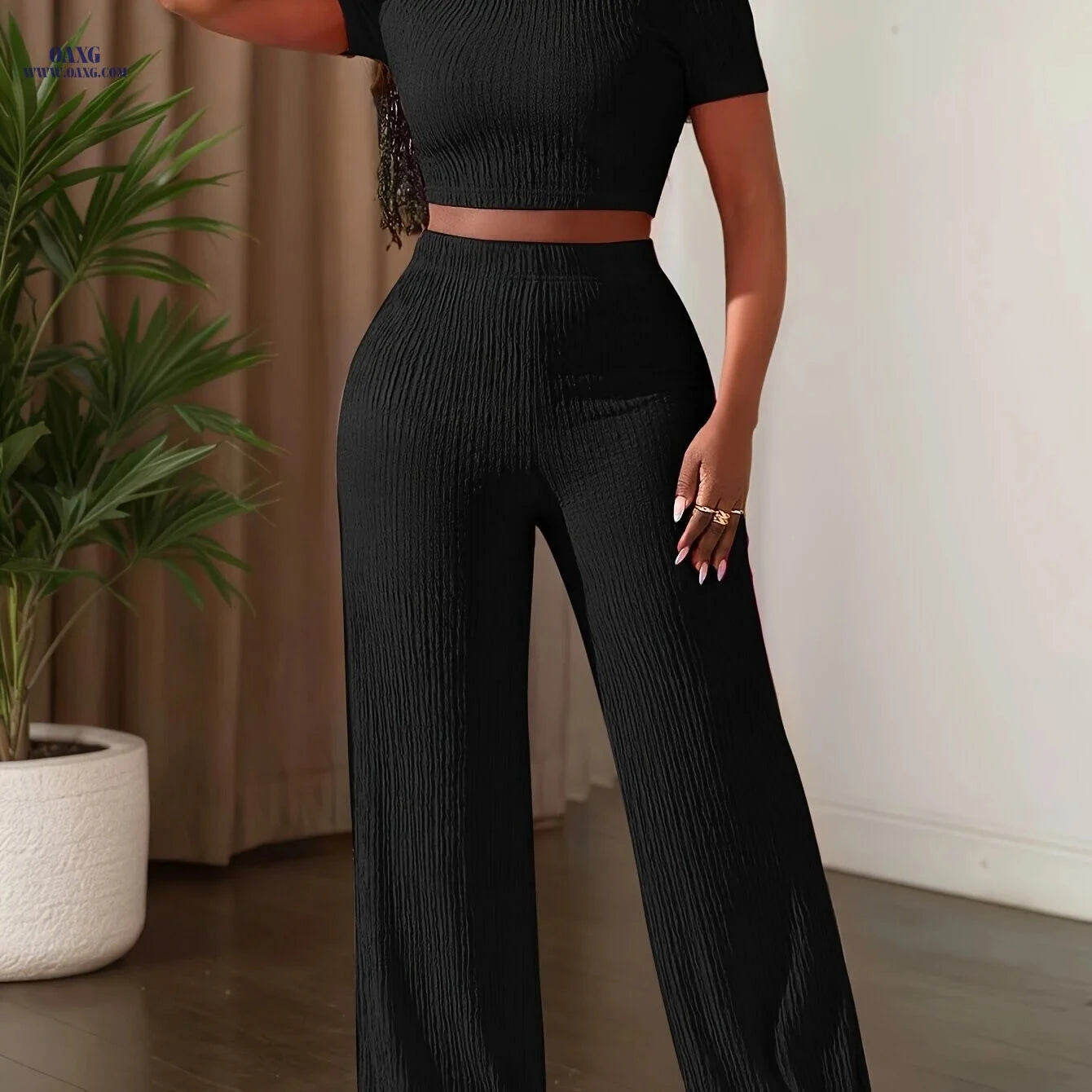 2025 Casual Solid Color Top & Wide Leg Pants Set - Short Sleeve   OAXG Rose Red / XS
